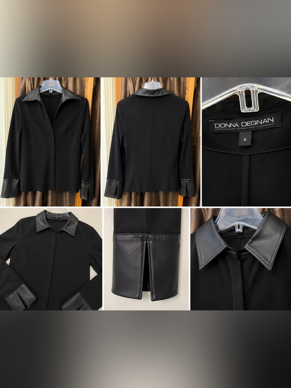 Donna Degnan Black Blouse Size 8 Faux Leather Collar & Cuffs